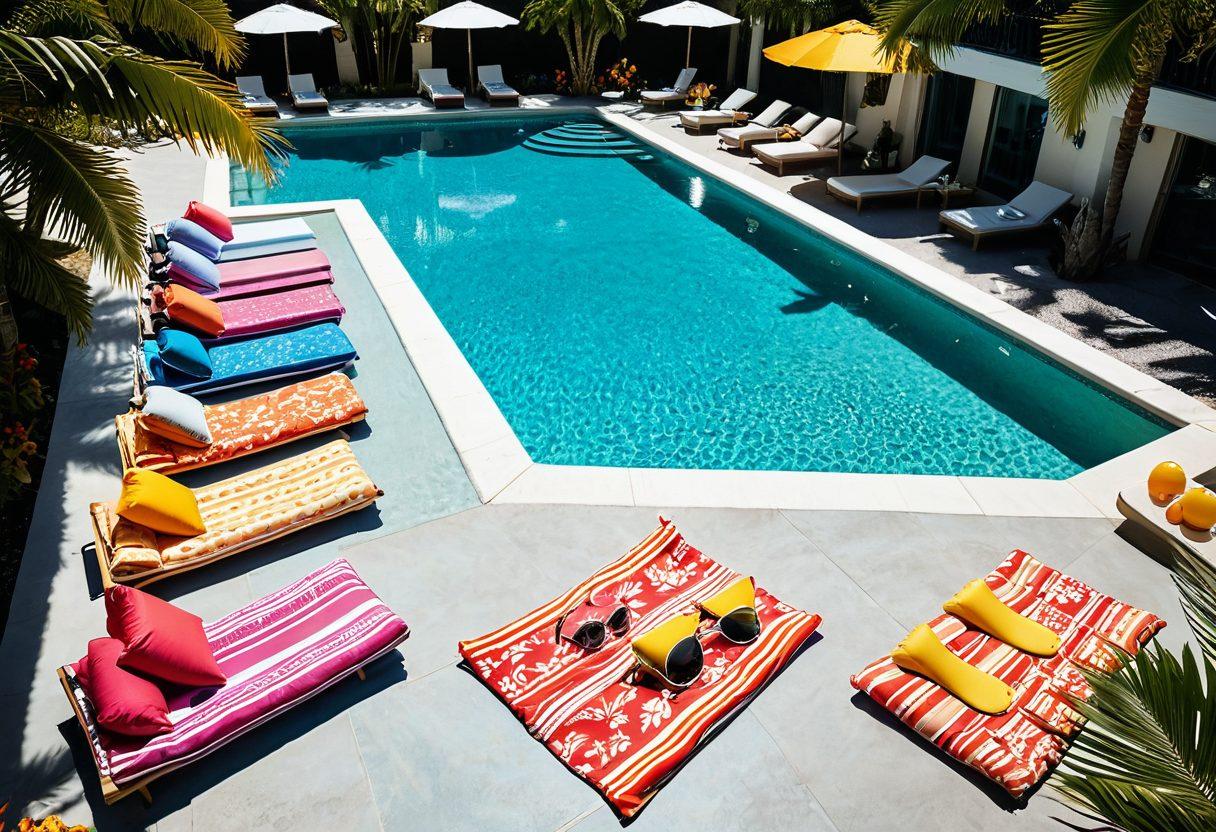 A sun-soaked pool scene featuring a stylish assortment of vibrant bikinis displayed on colorful pool floats, surrounded by luxury beach towels, sunglasses, and refreshing summer drinks. The atmosphere is lively with splashes of water, palm trees gently swaying, and people relaxing in the background enjoying the sun. The colors are bright and enticing, capturing the essence of a fun summer day by the pool. super-realistic. vibrant colors. tropical theme.